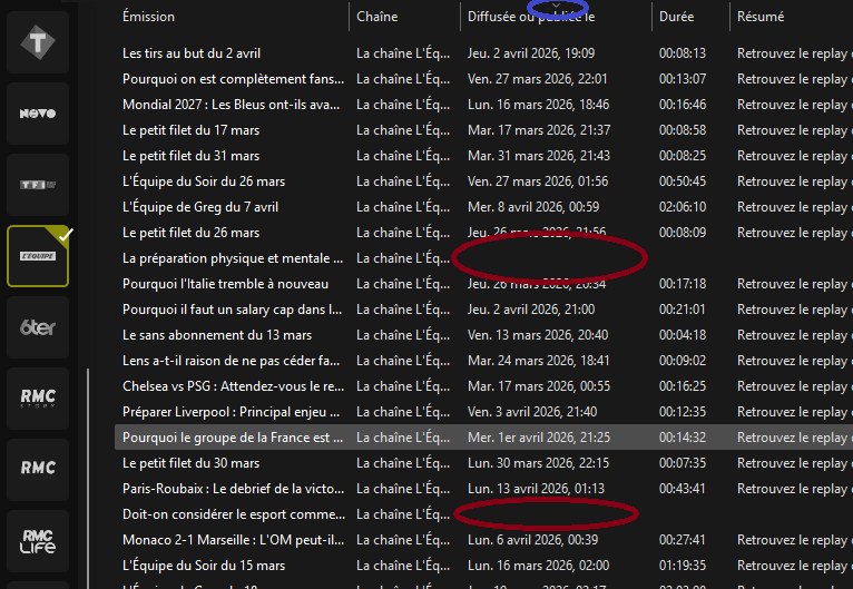 Capture de l'Équipe avec les programmes touillés
